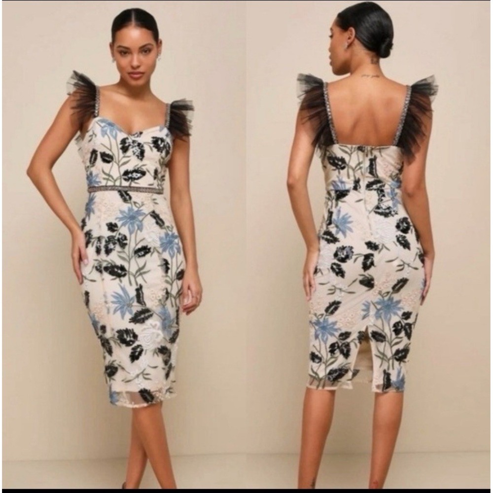Lulus Women's Show Stopper Embroidered Sequin Bodycon Midi Dress LV5 Cream M